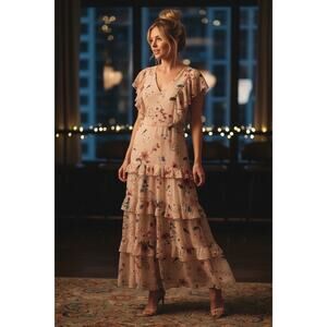 Attic Salt Pink Floral Tiered Maxi Dress Ruffle Flutter Sleeve Sz  XL NWT Easter